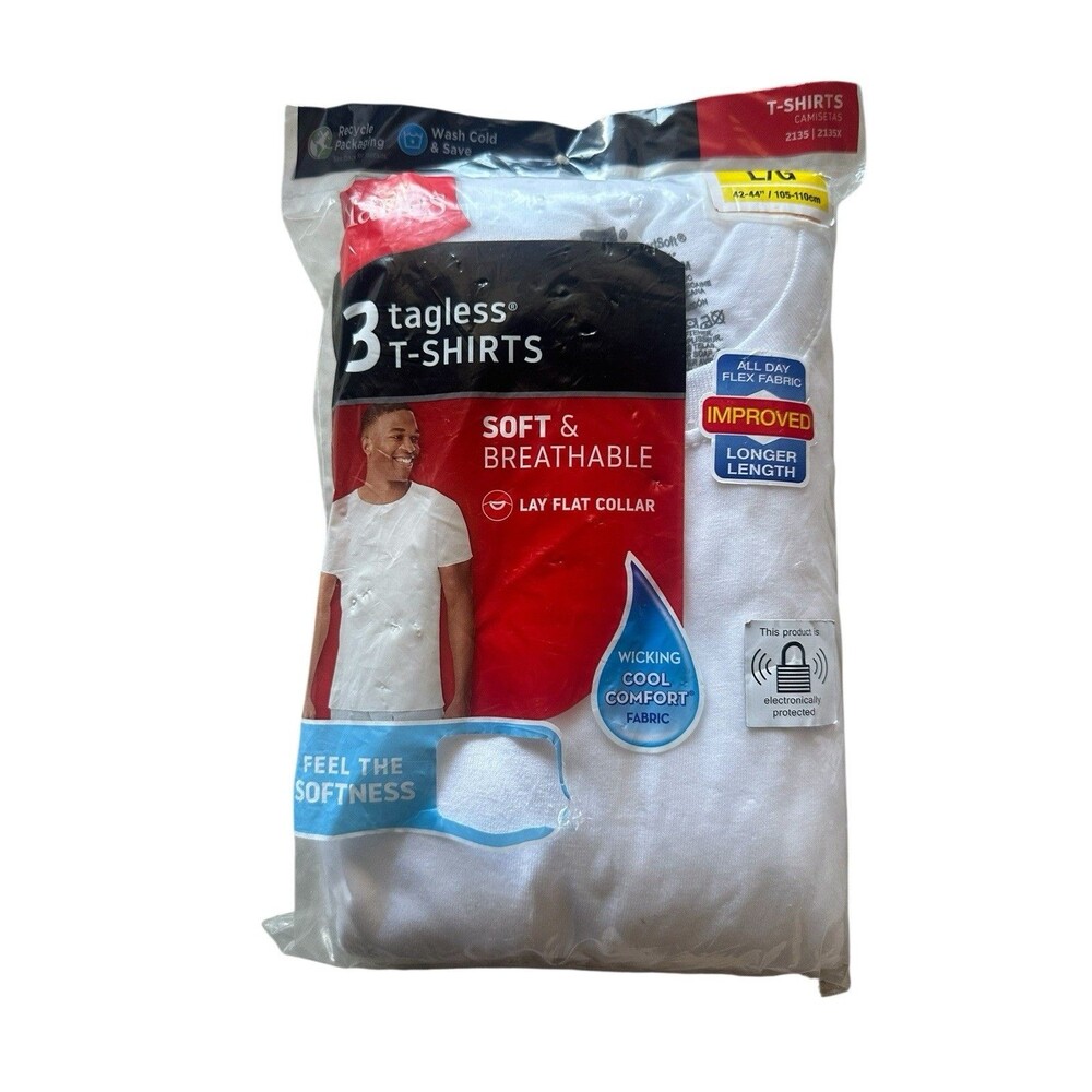 New Hanes Men's L 3 Pack Tagless T-Shirts White Crewneck Large 2135 Wicking Cool